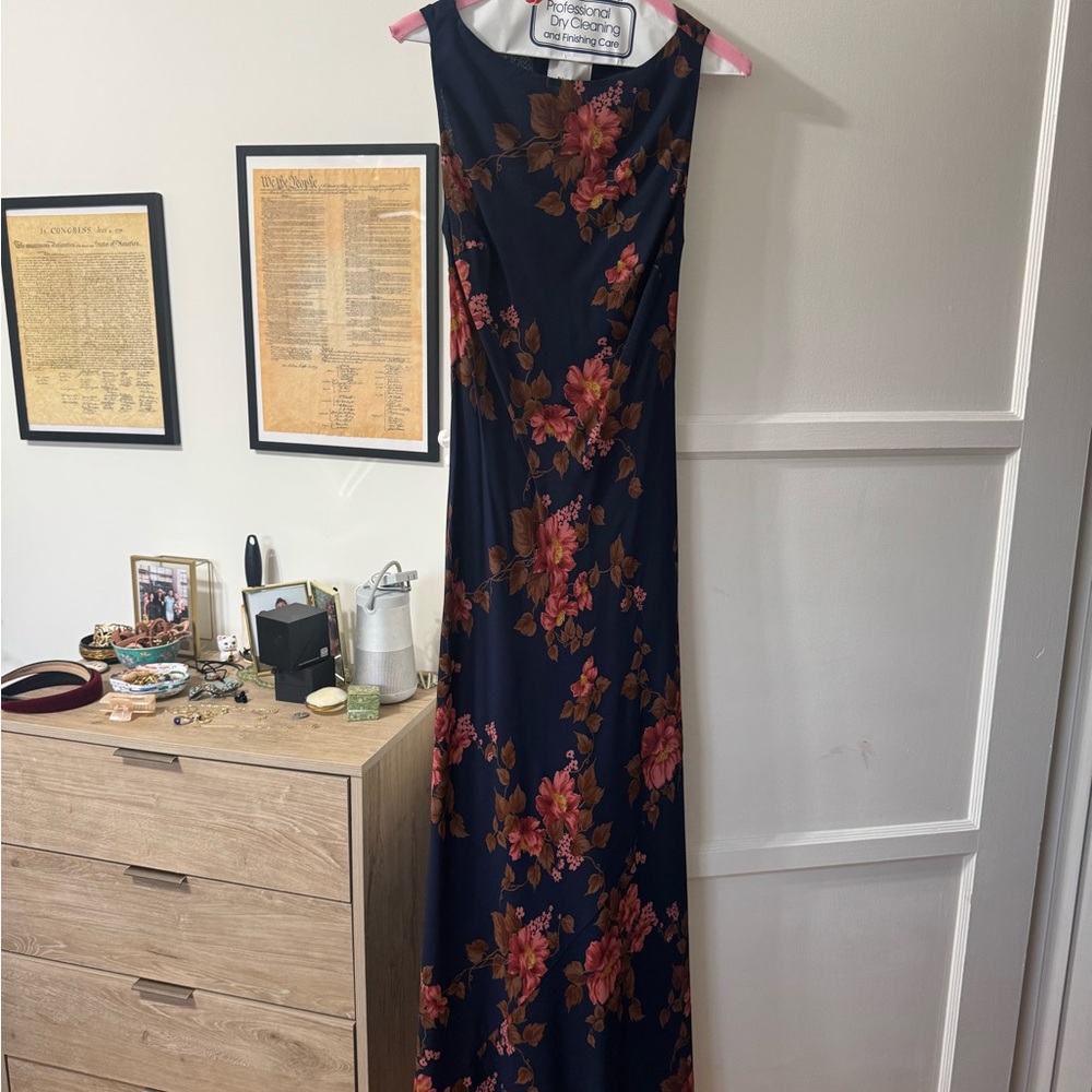 Reformation Navy Maxi Dress with Pink and Brown Floral Print